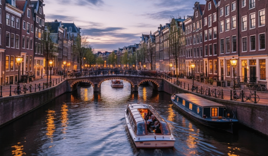 Classic Amsterdam canal scene at sunset, with boats navigating the water, historic gabled houses lining both sides, and a warm glow in the sky.