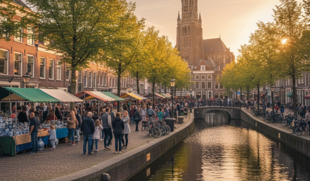 Lively market scene along a canal in Delft, Netherlands, at sunset, with colorful stalls, people browsing, traditional Dutch architecture, and the majestic Nieuwe Kerk tower in the background.