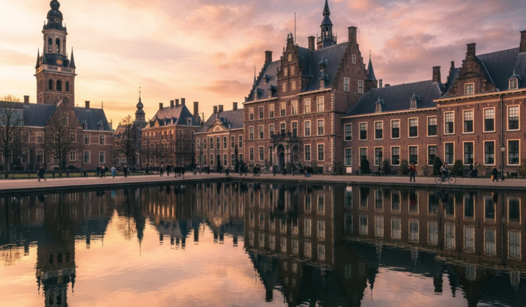 Majestic view of the Binnenhof in The Hague, Netherlands, at sunset, with its historic buildings beautifully reflected in the Hofvijver pond under a warm, cloudy sky.
