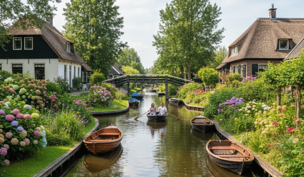 Idyllic scene in Giethoorn, the "Venice of the North," with a narrow canal, a small boat with a couple, picturesque thatched-roof houses, and lush gardens with vibrant flowers under a bright sky.