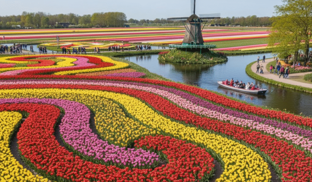Aerial view of Keukenhof Gardens, showing intricate swirling patterns of colorful tulips, a traditional Dutch windmill by a serene pond, and a tour boat passing through.