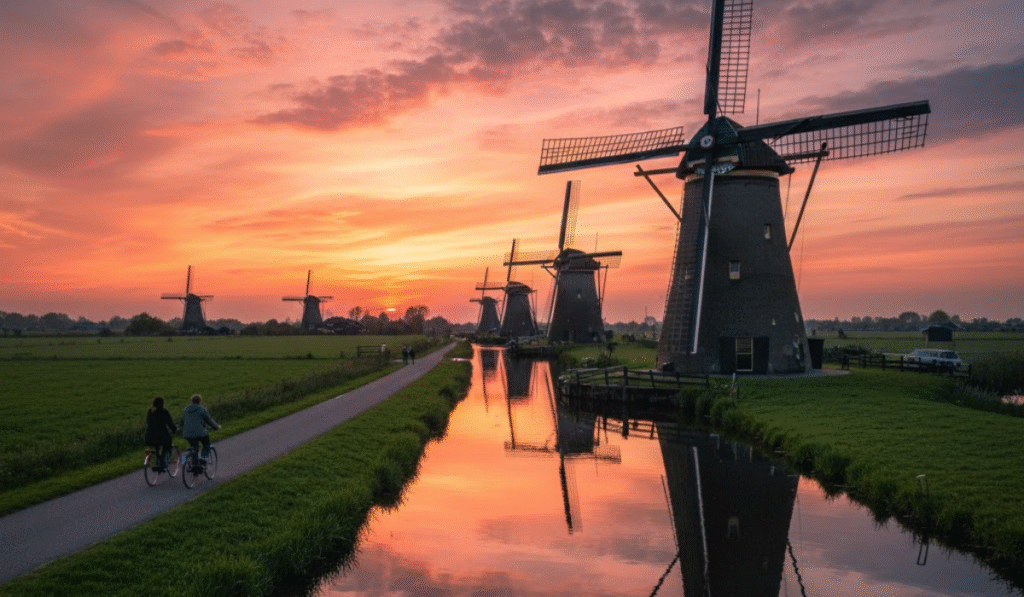 Breathtaking sunset over Kinderdijk, Netherlands, with a line of historic windmills reflected in the still water of the canal, and two cyclists on a path enjoying the vibrant orange and pink sky.