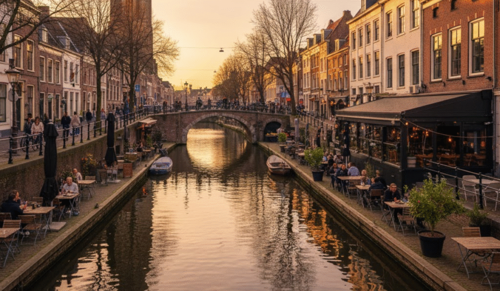 Picturesque view of the Oudegracht canal in Utrecht, Netherlands, at dusk, with the Dom Tower rising majestically in the background, charming waterside cafes, and illuminated historic buildings.
